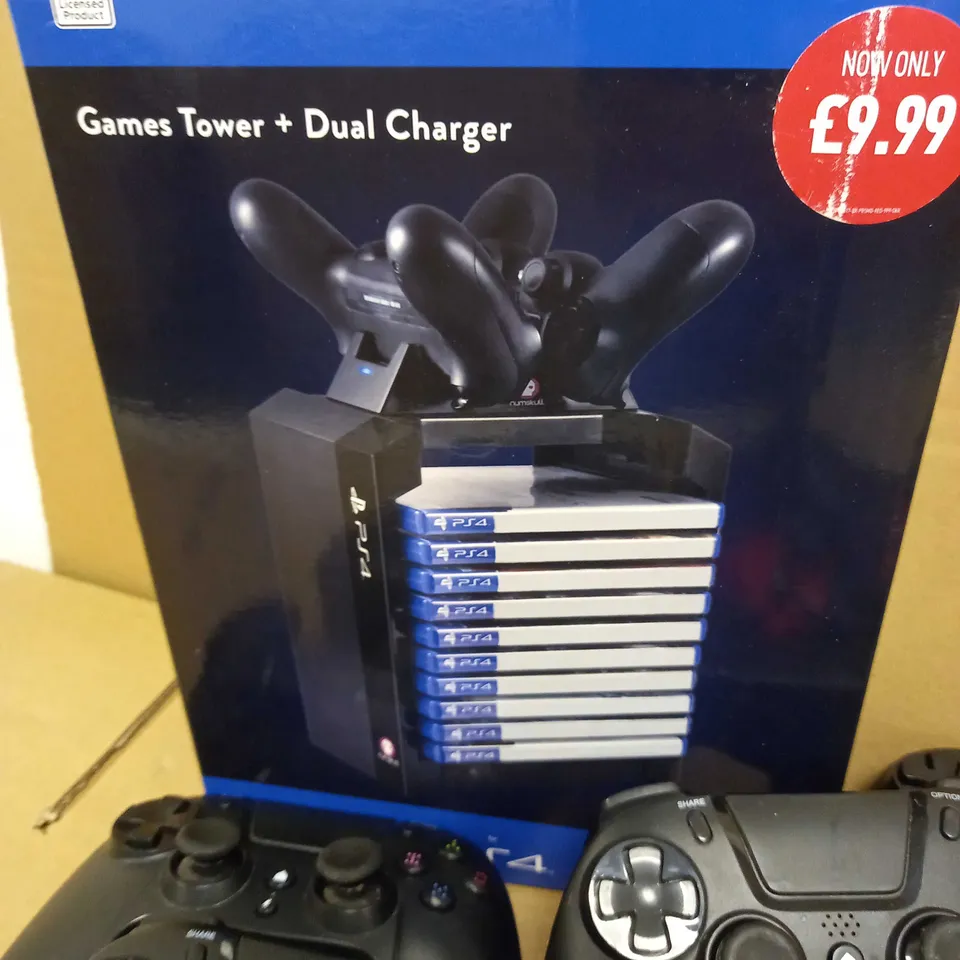 LOT OF 11 ITEMS INCLUDING 2 PS2 CONTROLLERS, 8 PS4 CONTROLLERS, PLAYSTATION GAMES TOWER WITH DUAL CHARGER