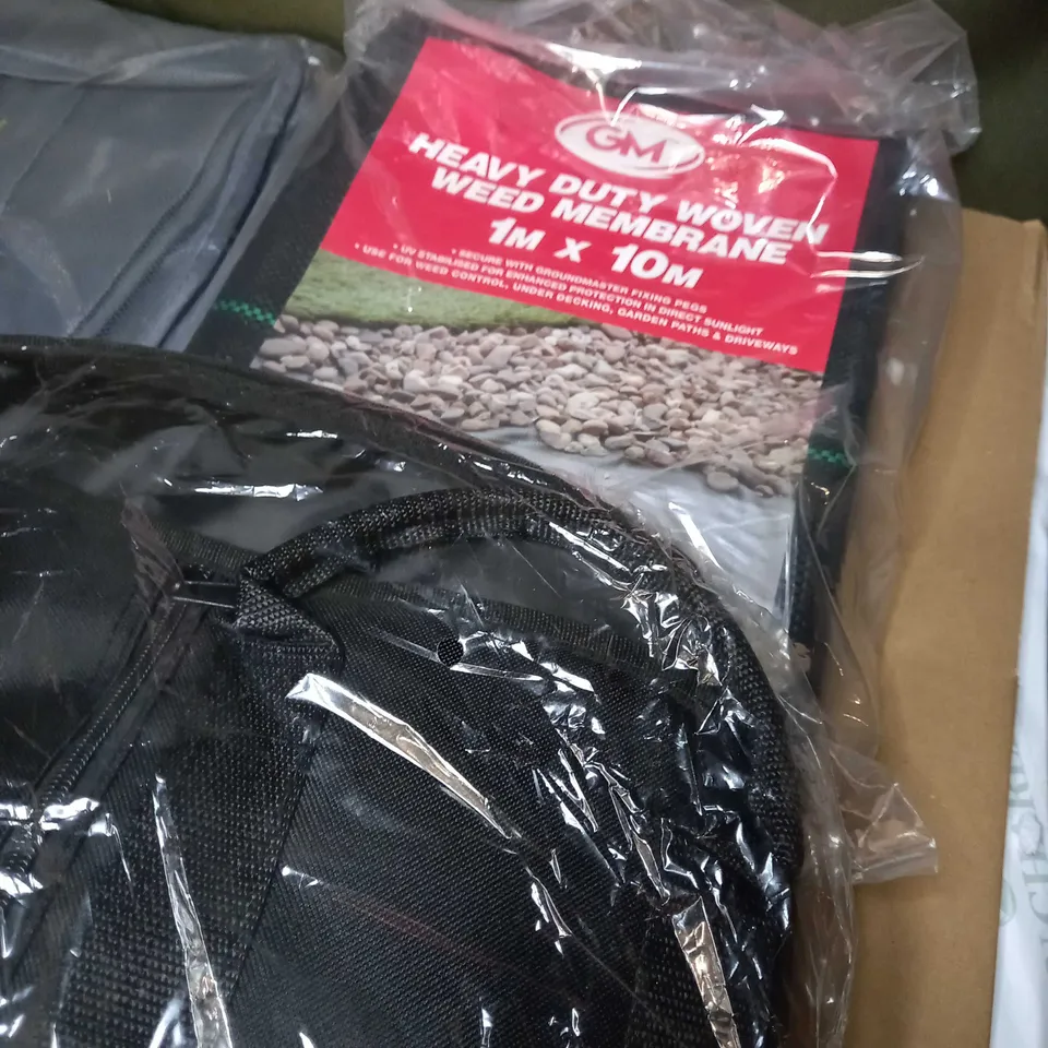 LARGE BOX OF APPROXIMATELY 20 ASSORTED HOUSEHOLD ITEMS TO INCLUDE: SLEEPING BAG LINERS, KARRIMOR CAMPING PILLOW, WEED MEMBRANE