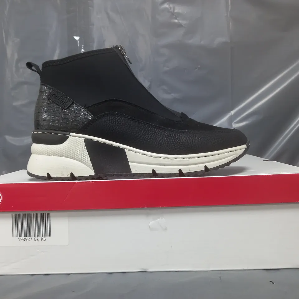 BOXED PAIR OF RIEKER HI-TOP TRAINERS IN BLACK EU SIZE 39