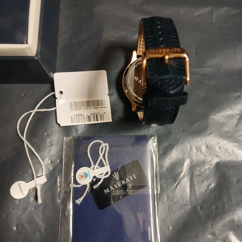 BOXED MASERATI BLUE DIAL WATCH WITH LEATHER STRAP 