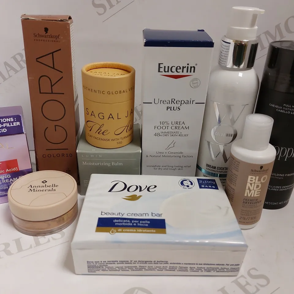 BOX OF APPROX 20 COSMETIC ITEMS TO INCLUDE SCHWARZKOPF IGORA COLOUR10, LOREAL REVITALIFT CREAM, LUMIN MOISTURISING BALM