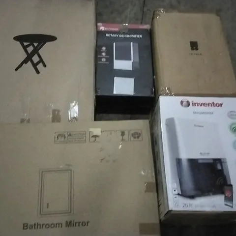 PALLET OF ASSORTED ITEMS INCLUDING INVENTOR DEHUMIDIFIER, LEVEL8 SUITCASE, BATHROOM MIRROR, ROTARY DEHUMIDIFIER, FOLD OUT ROUND TABLE