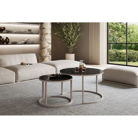 BOXED CIRI GLASS 2-IN-1 ROUND COFFEE TABLE - BLACK AND WHITE FRAME (1 BOX)
