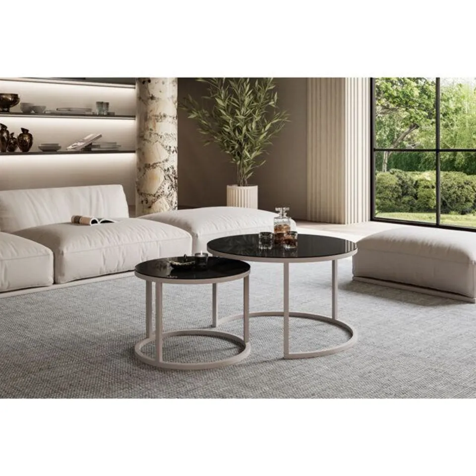BOXED CIRI GLASS 2-IN-1 ROUND COFFEE TABLE - BLACK AND WHITE FRAME (1 BOX)