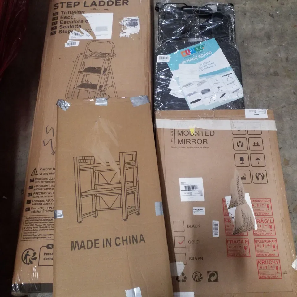 PALLET CONTAINING ASSORTED PRODUCTS INCLUDING STEP LADDER, SHOE RACK, WALL MOUNTED MIRROR & IRONING BOARD
