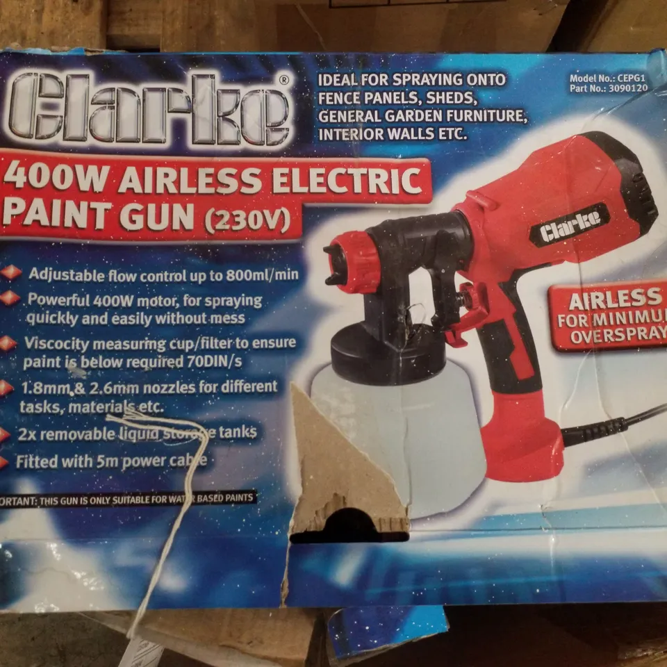 BOX CONTAINING DRILL STAND WITH VICE, AIRLESS ELECTRIC PAINT GUN & 9 METRE RETRACTABLE AIR HOSE REEL