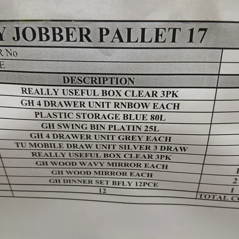 PALLET OF APPROXIMATELY 12 ASSORTED PRODUCTS TO INCLUDE; REALLY USEFUL STORAGE BOXES, DINNER SET AND WOOD MIRROR