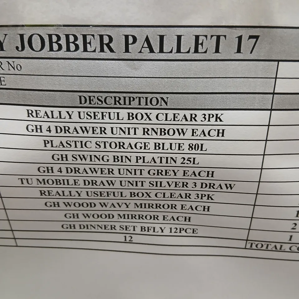 PALLET OF APPROXIMATELY 12 ASSORTED PRODUCTS TO INCLUDE; REALLY USEFUL STORAGE BOXES, DINNER SET AND WOOD MIRROR