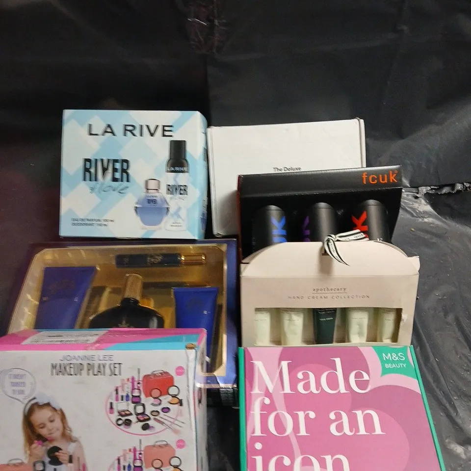 APPROXIMATELY 7 COSMETIC BOXSETS TO INCLUDE - FCUK BODY SPRAY - MAKEUP SET - M&S SELF-CARE BOX - ETC