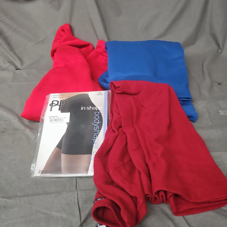 BOX OF APPROXIMATELY 25 ASSORTED CLOTHING ITEMS TO INCLUDE RED HOODIE, BLUE HOODIE, DARK RED LONG SLEEVE TOP, TIGHTS ETC