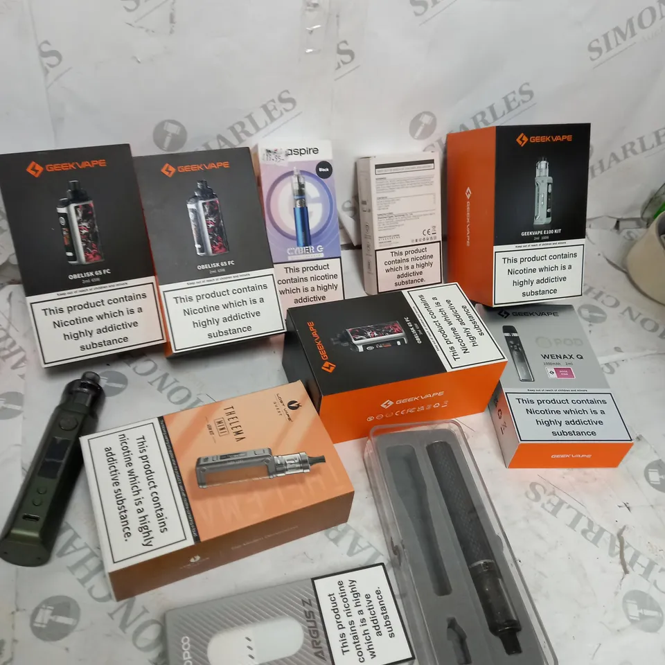 BOX OF APPROXIMATELY 10 ASSORTED E-CIG PRODUCTS TO INCLUDE GEEK VAPE, OXVA, ASPIRE ETC