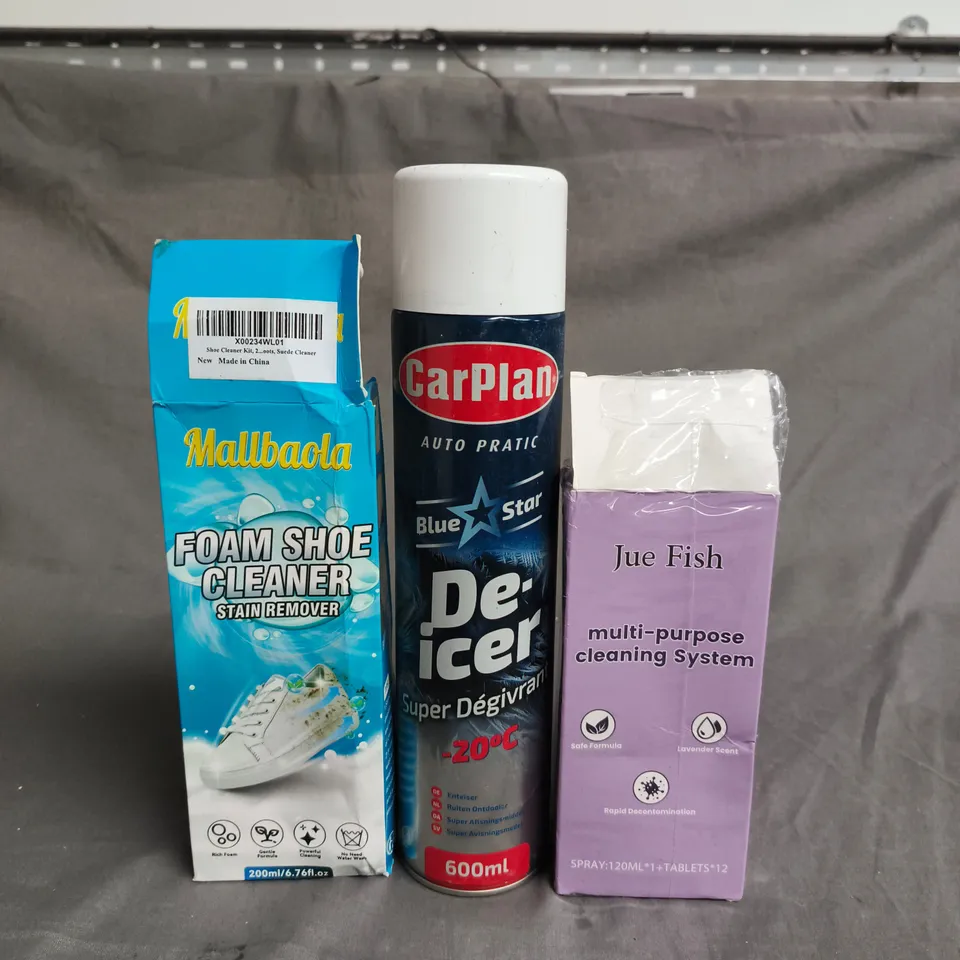 APPROX 10 ASSORTED ITEMS TO INCLUDE - CARPLAN DE-ICER SPRAY; JUE FISH MULTI-PURPOSE CLEANING SYSTEM; FOAM SHOE CLEANER