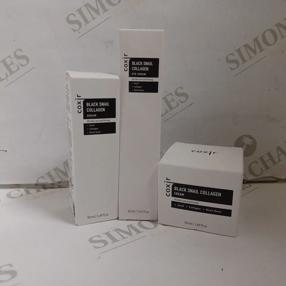 THREE BOXED COXIR BLACK SNAIL COLLAGEN PRODUCTS TO INCLUDE WRINKLE SERUM, EYE CREAM, AND WRINKLE CREAM
