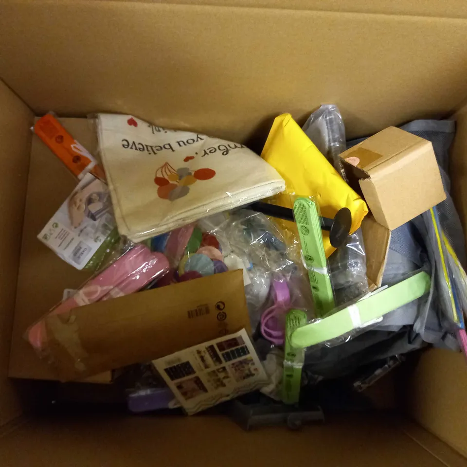 BOX OF APPROX 20 ASSORTED HOUSEHOLD AND CRAFT ITEMS TO INCLUDE PANASONIC TV REMOTE, ASSORTED COLOUR BUNTING, MOBILE PHONE CASE