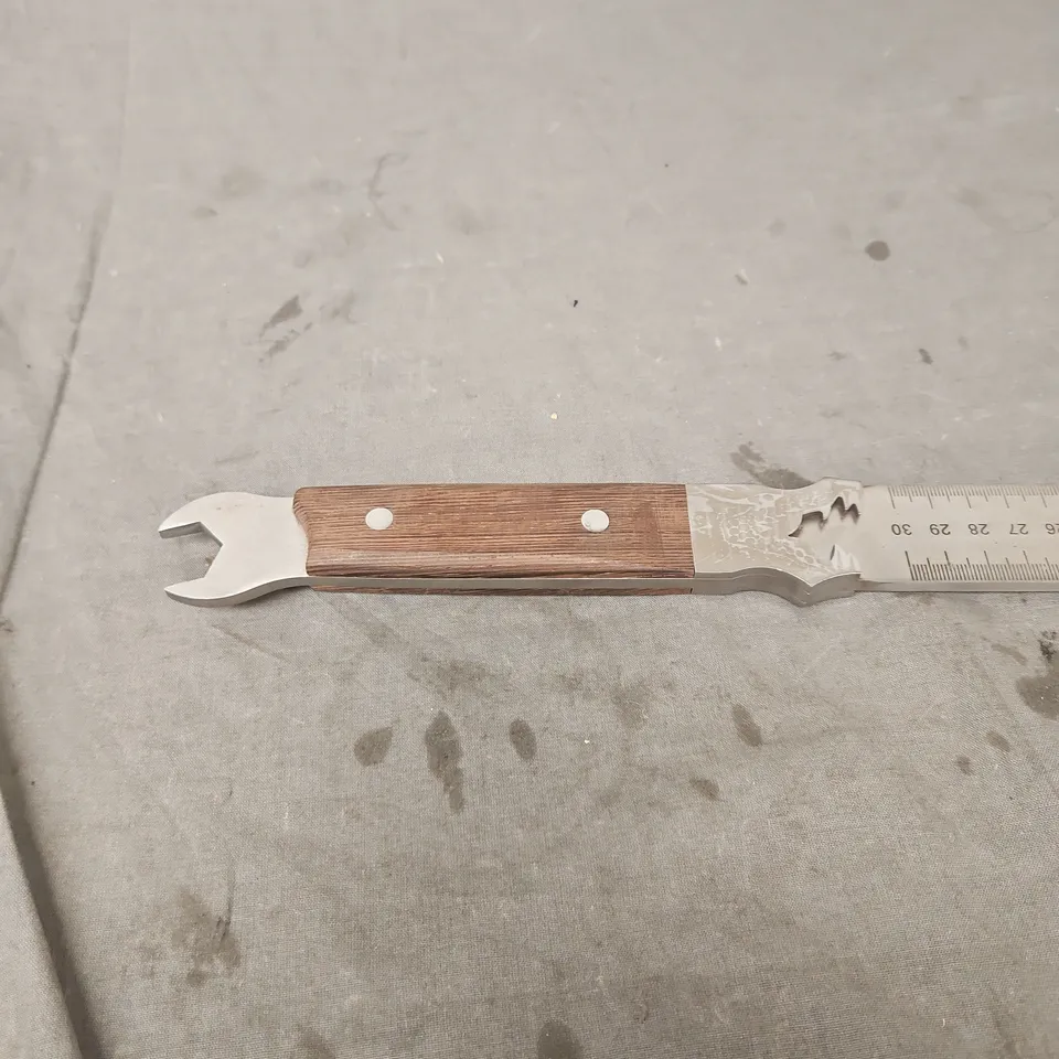 Metal ruler with wooden handle and integrated open-ended wrench end – 30 cm scale