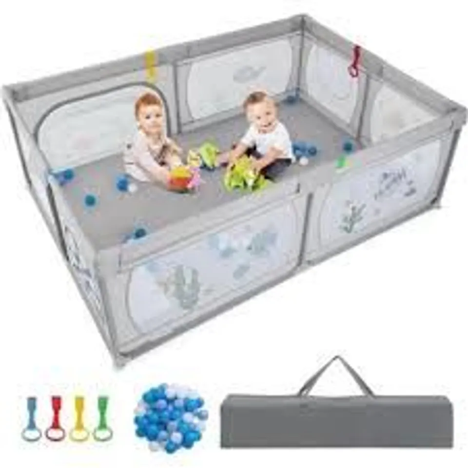 BOXED COSTWAY BABY PLAYPEN WITH 50 BALLS & 2 DOORS, BREATHABLE NET & ZIPPER - GREY-FISH