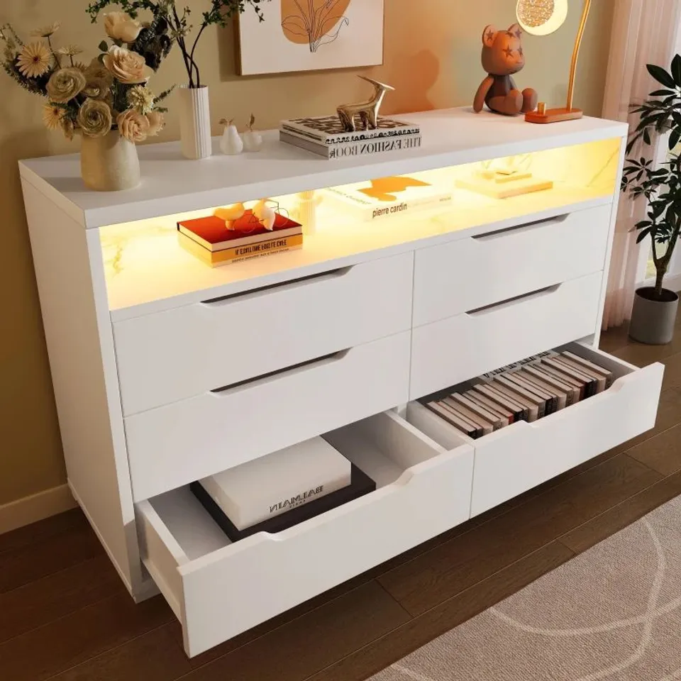 BOXED MARBLED 6-DRAWER SIDEBOARD, RGB LED LIGHTING & SHELVES - WHITE (2 BOXES)