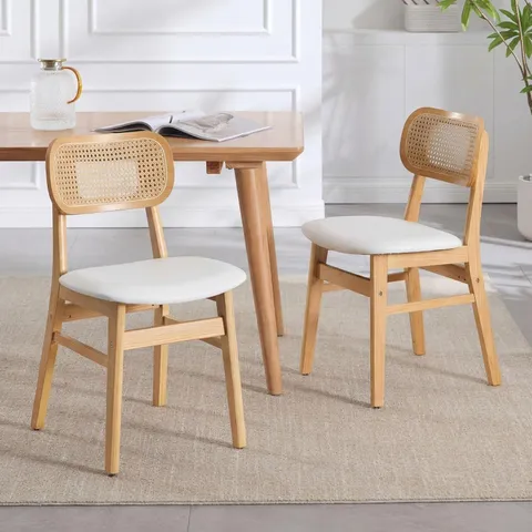 BOXED YA-HOME DINING CHAIRS SET OF 2, KITCHEN CHAIRS WITH RATTAN BACKREST, WHITE