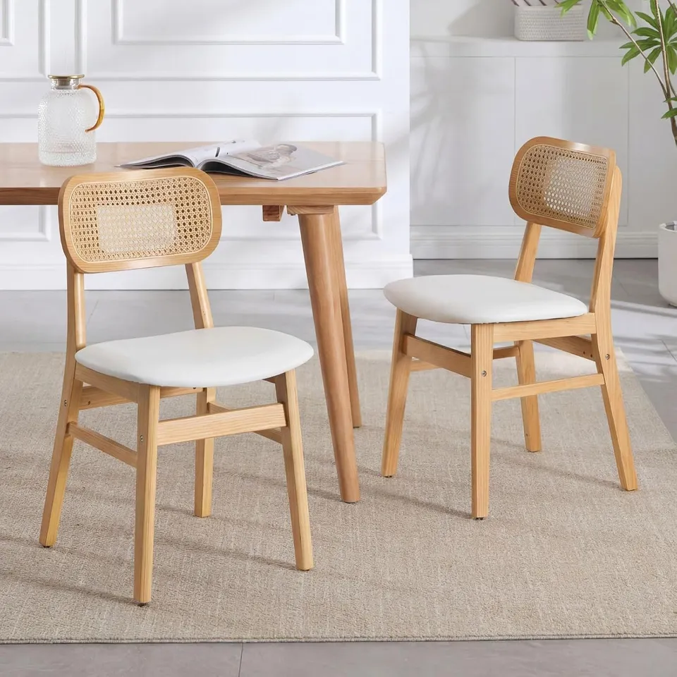 BOXED YA-HOME DINING CHAIRS SET OF 2, KITCHEN CHAIRS WITH RATTAN BACKREST, WHITE
