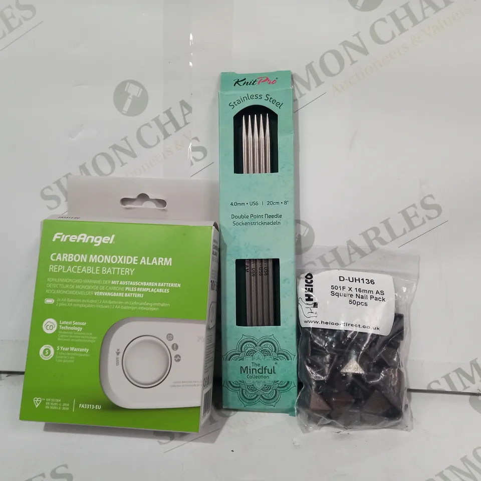 LOT OF APPROXIMATELY 10 ASSORTED HOUSEHOLD ITEMS TO INCLUDE PACK OF SQUARE NAILS, STAINLESS STEEL DOUBLE POINT NEEDLES, CARBON MONOXIDE ALARM, ETC