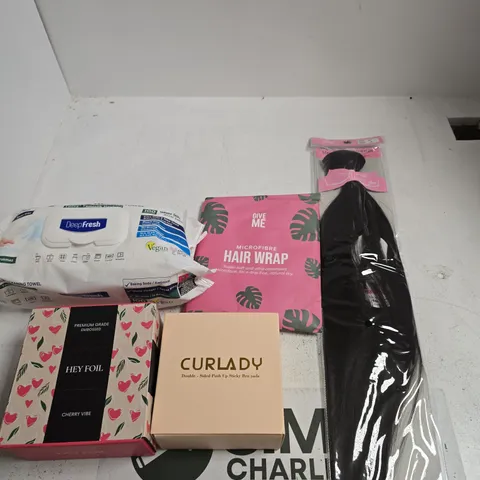 BOX OF APPROXIMATELY 10 ASSORTED ITEMS INCLUDING SLEEK HAIR REMY GORGEOUS VIRGIN HAIR DUPES SILK STRAIGHT 24', CURLADY DOUBLE-SIDED PUSH UP STICKY BRA PADS AND HEY FOIL PREMIUM GRADE EMBOSSED CHERRY V
