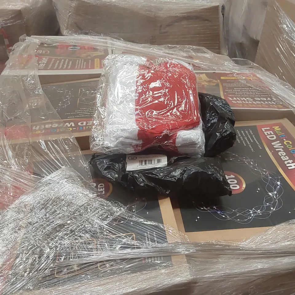 PALLET CONTAINING A VERY LARGE QUANTITY OF ASSORTED ITEMS INCLUDING: SANTA LETTER SETS, SANTA HATS LED WREATHS ECT