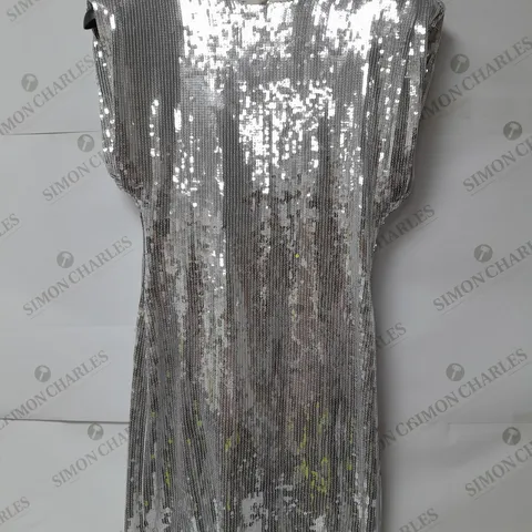 ZARA SILVER SEQUIN DRESS WITH PADDED SHOULDERS AND FRINGE HEM SIZE M