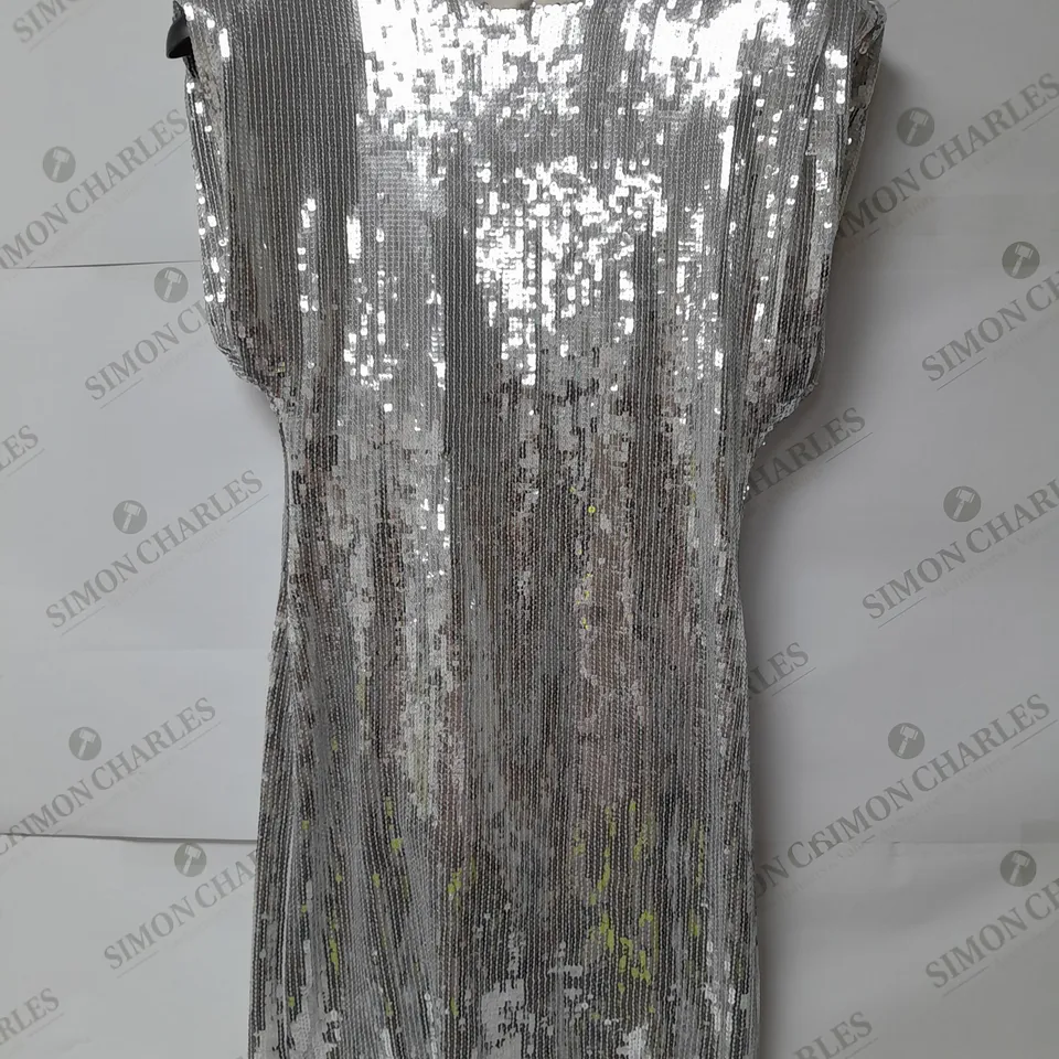 ZARA SILVER SEQUIN DRESS WITH PADDED SHOULDERS AND FRINGE HEM SIZE M RRP £55.99