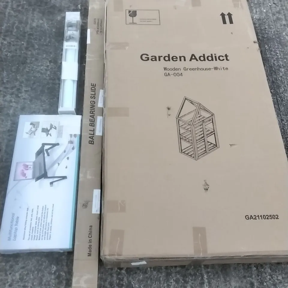 PALLET OF ASSORTED ITEMS INCLUDING BALL BEARING SLIDE, WOODEN GREENHOUSE, MULTIFUNCTIONAL LAPTOP TABLE, TANZUOER BLINDS
