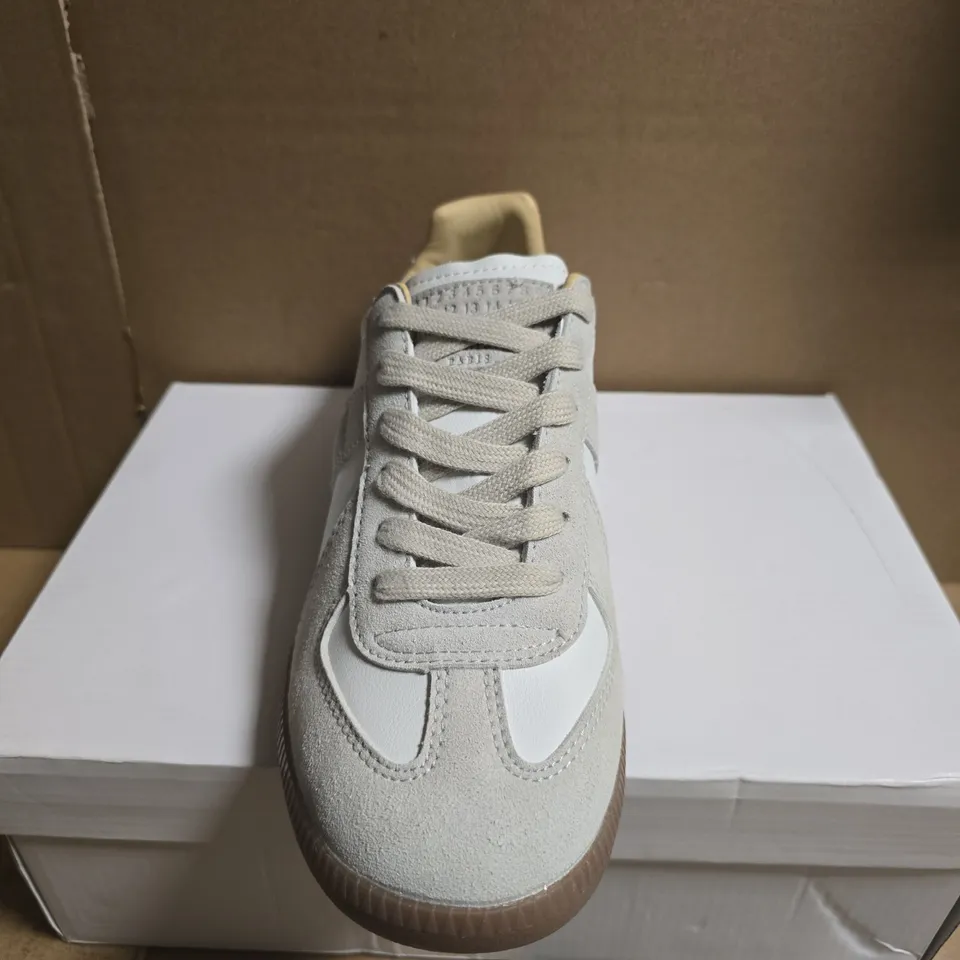 BOXED PAIR OF MAISON MARGIELA BEIGE/GREY SNEAKERS WITH GUM SOLE – SIZE 43