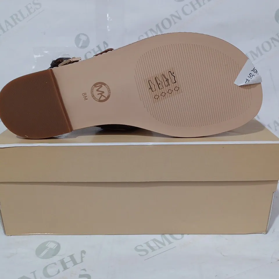 BOXED PAIR OF MICHAEL KORS OPEN TOE T-STRAP FLAT SANDALS IN BROWN US SIZE 8M