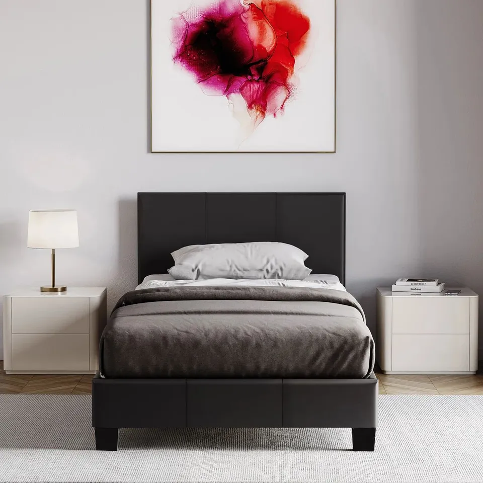 BOXED SCIPIO UPHOLSTERED FAUX LEATHER BED, UKFR CERTIFIED - SINGLE, BLACK (1 BOX)