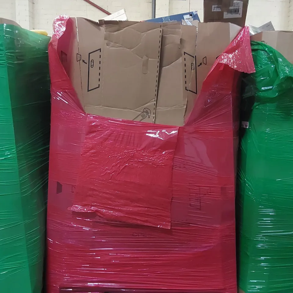 PALLET OF ASSORTED CONSUMER PRODUCTS TO INCLUDE: COOKER HOODS, AIR FRYER, DESK FAN, PAPER SHREDDER, HIKING STICK ECT