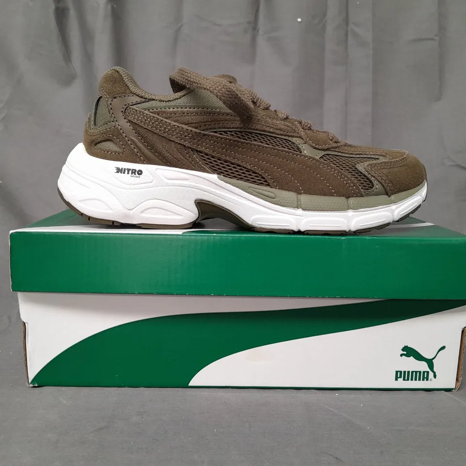 BOXED PAIR OF PUMA TEVERIS NITRO SHOES IN BURNT OLIVE UK SIZE 4