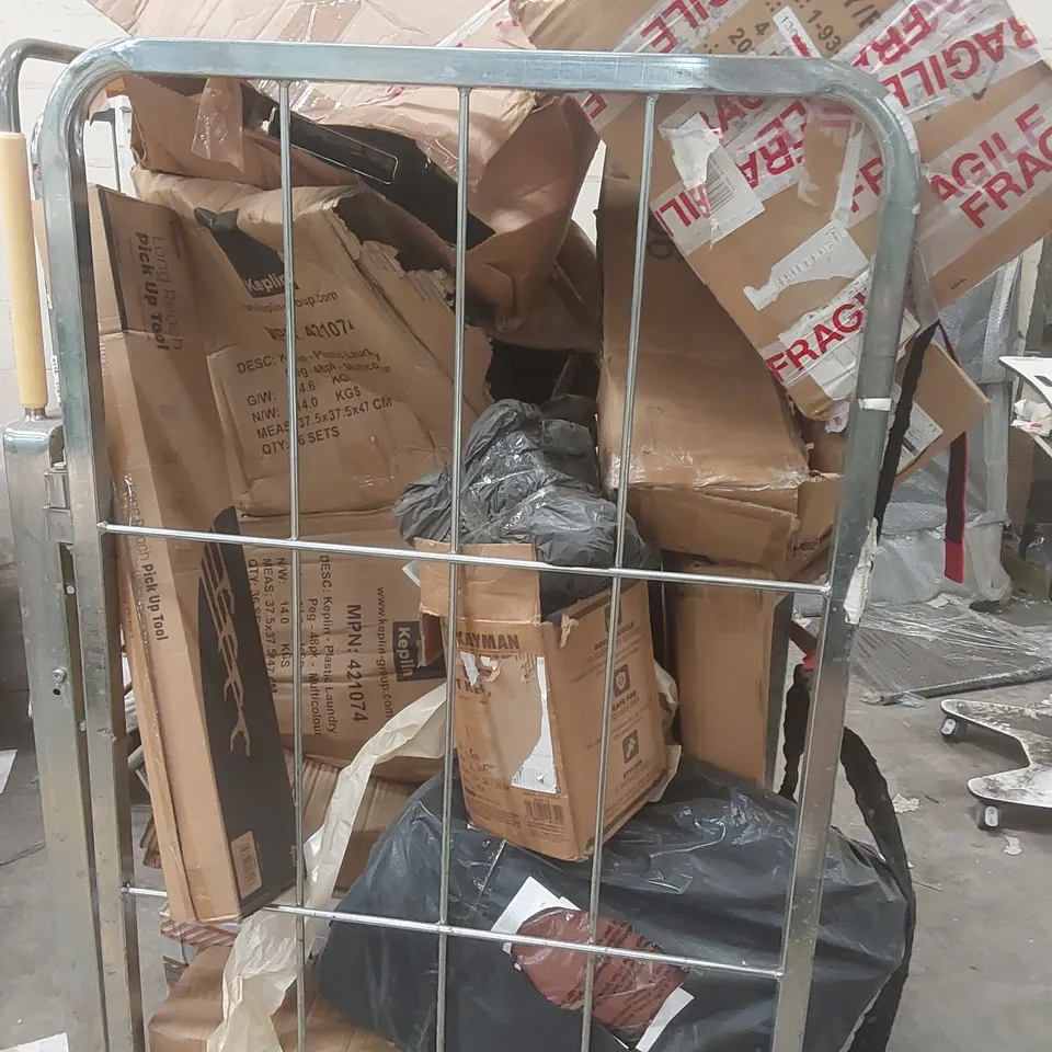 CAGE CONTAINING A LARGE QUANTITY OF ASSORTED ITEMS INCLUDING: LOMG REACH PICK UP TOOL, DEHUMIDIFIER, CLOTHING PEGS, SHOE STORAGE RACK ECT // CAGE NOT INCLUDED
