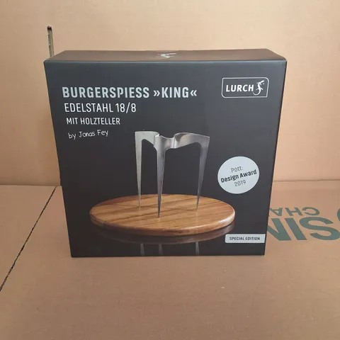 BOXED LURCH BURGER SKEWER KING STAINLESS STEEL 18/8 | WITH WOODEN PLATE