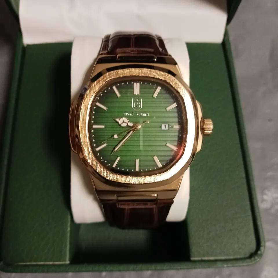 FRANK SCHMIDT GREEN DIAL GENTS WATCH WITH STAINLESS STEEL BACK CASE AND BROWN LEATHER STRAP IN BOX