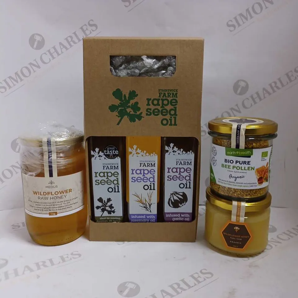 BOX OF 4 ITEMS TO INCLUDE STAINSWICK FARM RAPE SEED OIL COLLECTION, MEDUS RAW HONEY, WILDFLOWER HONEY