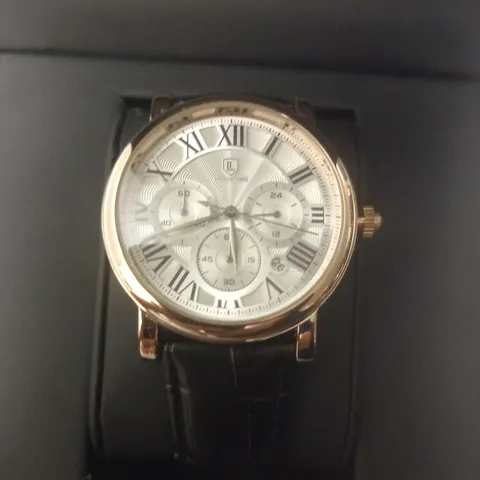 LOUIS LACOMBE GENTS CHRONOGRAPH WATCH WITH BLACK LEATHER STRAP IN BOX