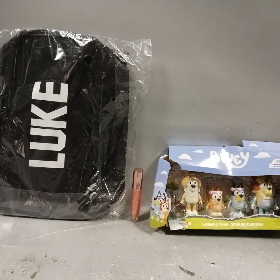 BOX OF APPROXIMATELY 5 ASSORTED ITEMS TO INCLUDE - LUKE BOOK BAG , BLUEY WEDDING TIME , LOREAL PARIS PLUMPING GLOSS ETC