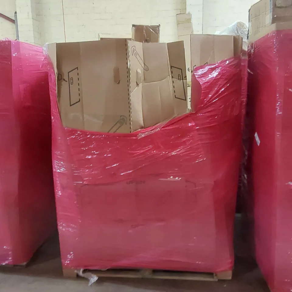 PALLET OF ASSORTED ITEMS INCLUDING: PROJECTION SCREEN, PET STROLLER, SHOWER TENT, BAMBOO TOWEL LADDER, WOK PAN ECT