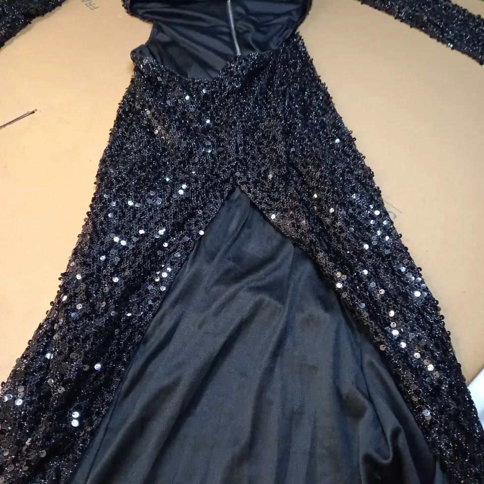 PLT BLACK SEQUIN WAIST CUT OUT LONG SLEEVE MIDAXI DRESS - SIZE 6