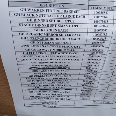 PALLET OF APPROXIMATELY 26 ASSORTED PRODUCTS TO INCLUDE; WARREN FIR TREE, NUTCRACKER LARGE, STACEY DINNER SET, COTTON TREE SKIRT, CUSHION, TOILET SEAT BAMBOO AND ORGANIC MIRROR
