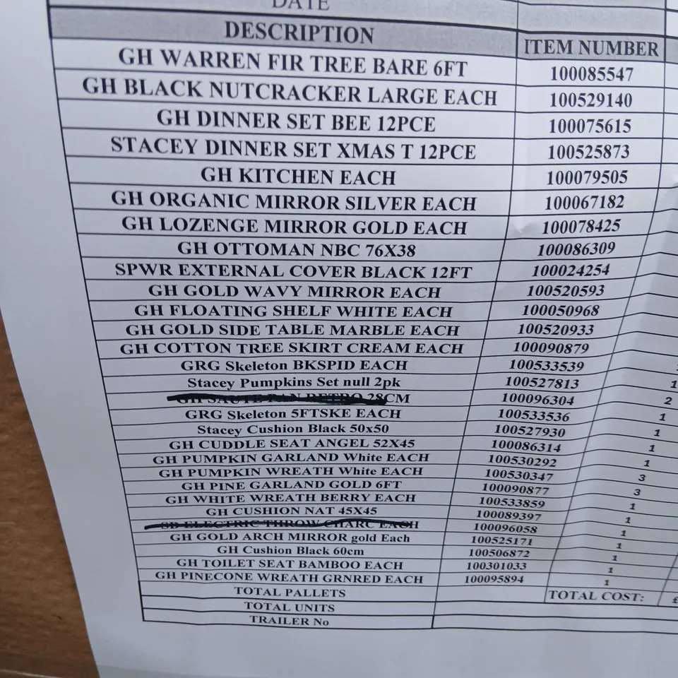 PALLET OF APPROXIMATELY 26 ASSORTED PRODUCTS TO INCLUDE; WARREN FIR TREE, NUTCRACKER LARGE, STACEY DINNER SET, COTTON TREE SKIRT, CUSHION, TOILET SEAT BAMBOO AND ORGANIC MIRROR