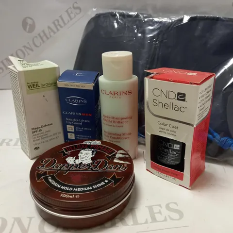 LOT OF 6 ITEMS INCLUDING DIESEL FRAGRANCES BAG, CLARINS PARIS LIP GUARD FOR MEN AND HAIR CONDITIONER, DAPPER DAN DELUXE POMADE
