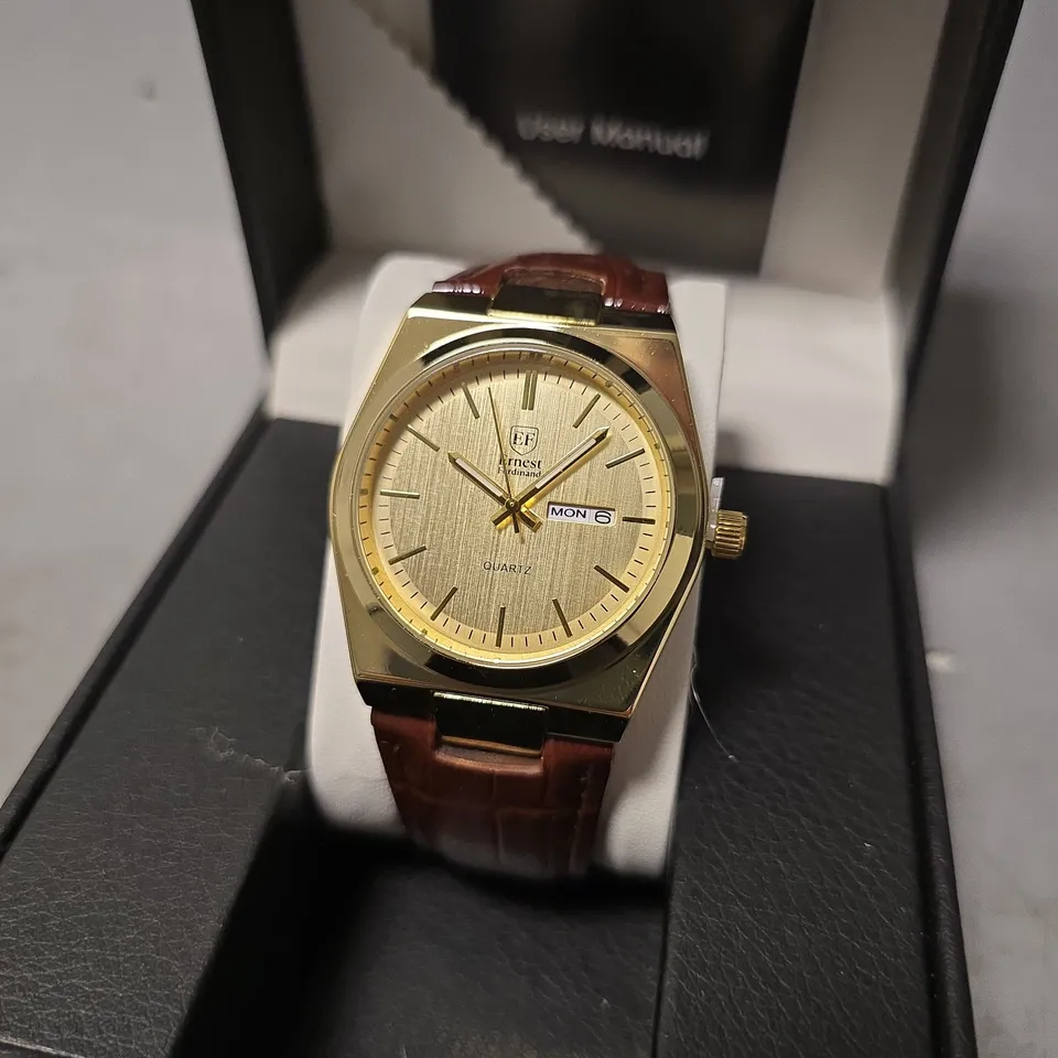 ERNEST FERDINAND WATCH – DAY DATE CALENDAR DIAL – LEATHER STRAP – 3ATM WATER RESISTANT