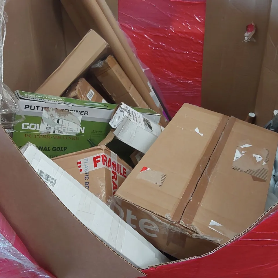 PALLET OF ASSORTED ITEMS INCLUDING: KIDS SCOOTER, SAFE, PORTABLE PET CRATE, IRONING BOARD ECT