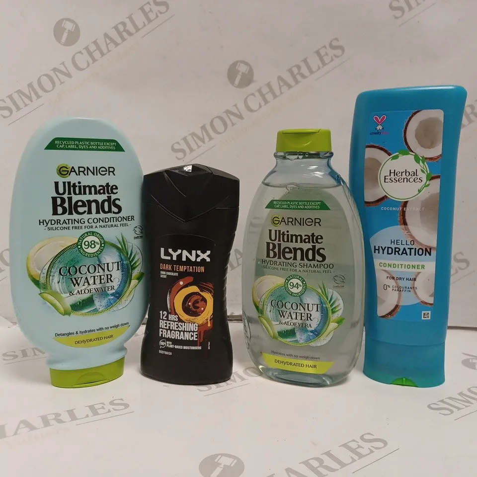 BOX OF APPROX 20 ASSORTED BATHROOM BEAUTY PRODUCTS TO INCLUDE GARNIER ULTIMATE BLENDS CONDITIONER, LYNX DARK TEMPTATION, HERBAL ESSENCE HYDRATION CONDITIONER, ETC. 