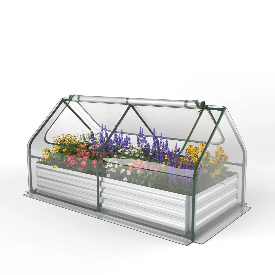 BOXED GALVANIZED STEEL RAISED GARDEN BED WITH MINI GREENHOUSE, OUTDOOR METAL PLANTER BOX KIT WITH LARGE ROLL-UP PVC COVER