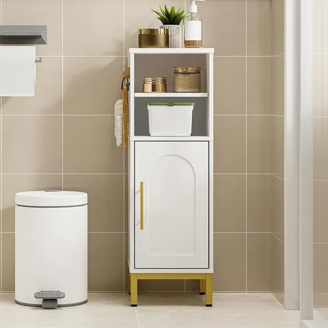 BOXED HZUANERI SMALL BATHROOM STORAGE CABINET, NARROW TOILET PAPER CABINET, WHITE | SLIM BATHROOM STORAGE UNIT WITH HOOKS, FREESTANDING BATHROOM STORAGE UNIT WITH DOOR AND ADJUSTABLE SHELF, SC06313G